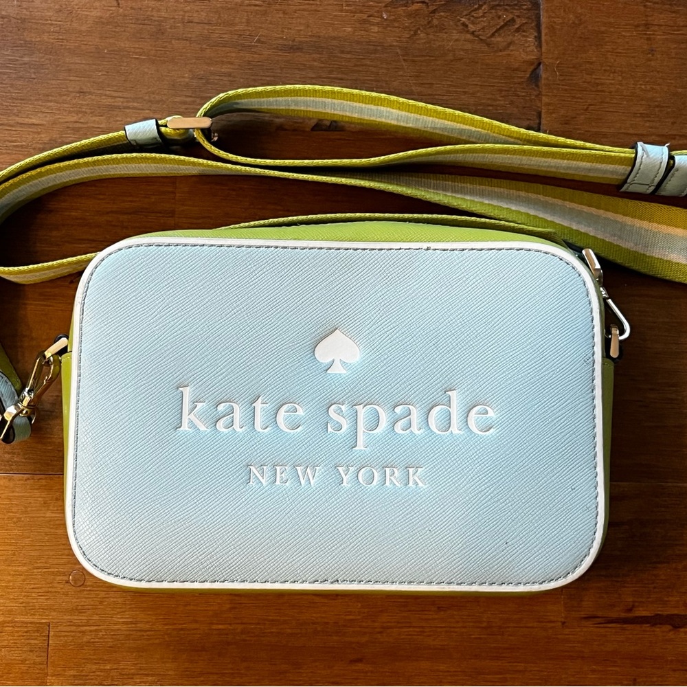 Kate Spade New York OH SNAP COLORBLOCK MINI CAMERA BAG GLOW BLUE GREEN STRIPE